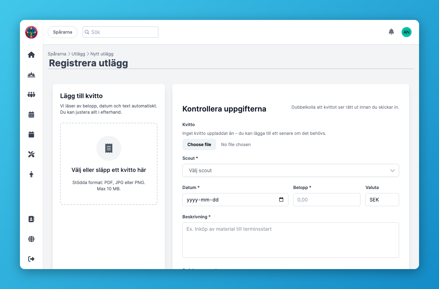 Formuläret Registrera utlägg med kvittouppladdning, scout, datum, belopp och beskrivning