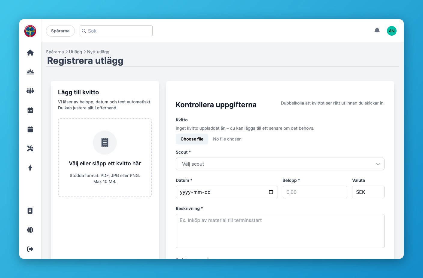 Formuläret Registrera utlägg med kvittouppladdning, scout, datum, belopp och beskrivning