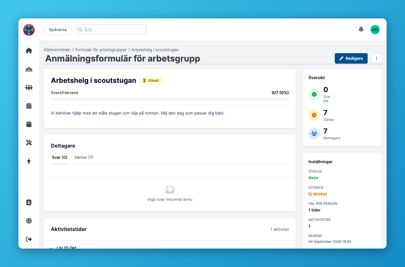 Ett arbetsgruppsformulär med svarsstatus
