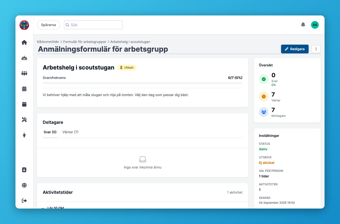 Ett arbetsgruppsformulär med svarsstatus