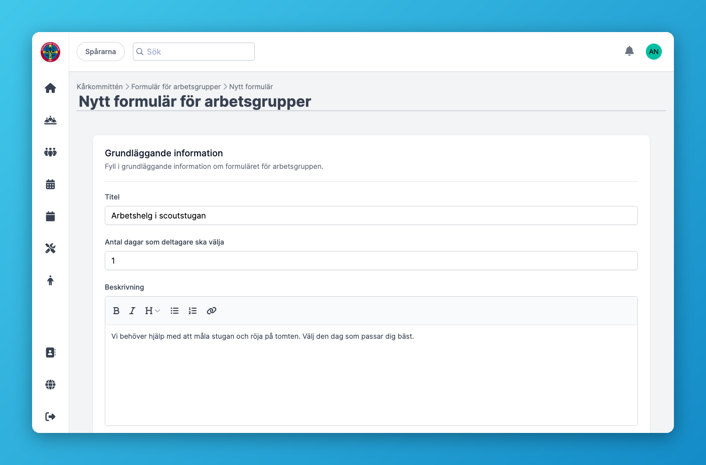 Formuläret för ett nytt arbetsgruppsformulär ifyllt