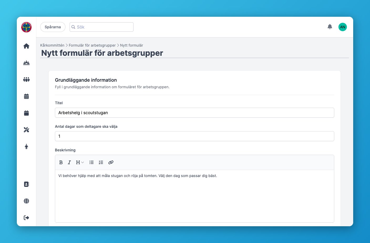 Formuläret för ett nytt arbetsgruppsformulär ifyllt