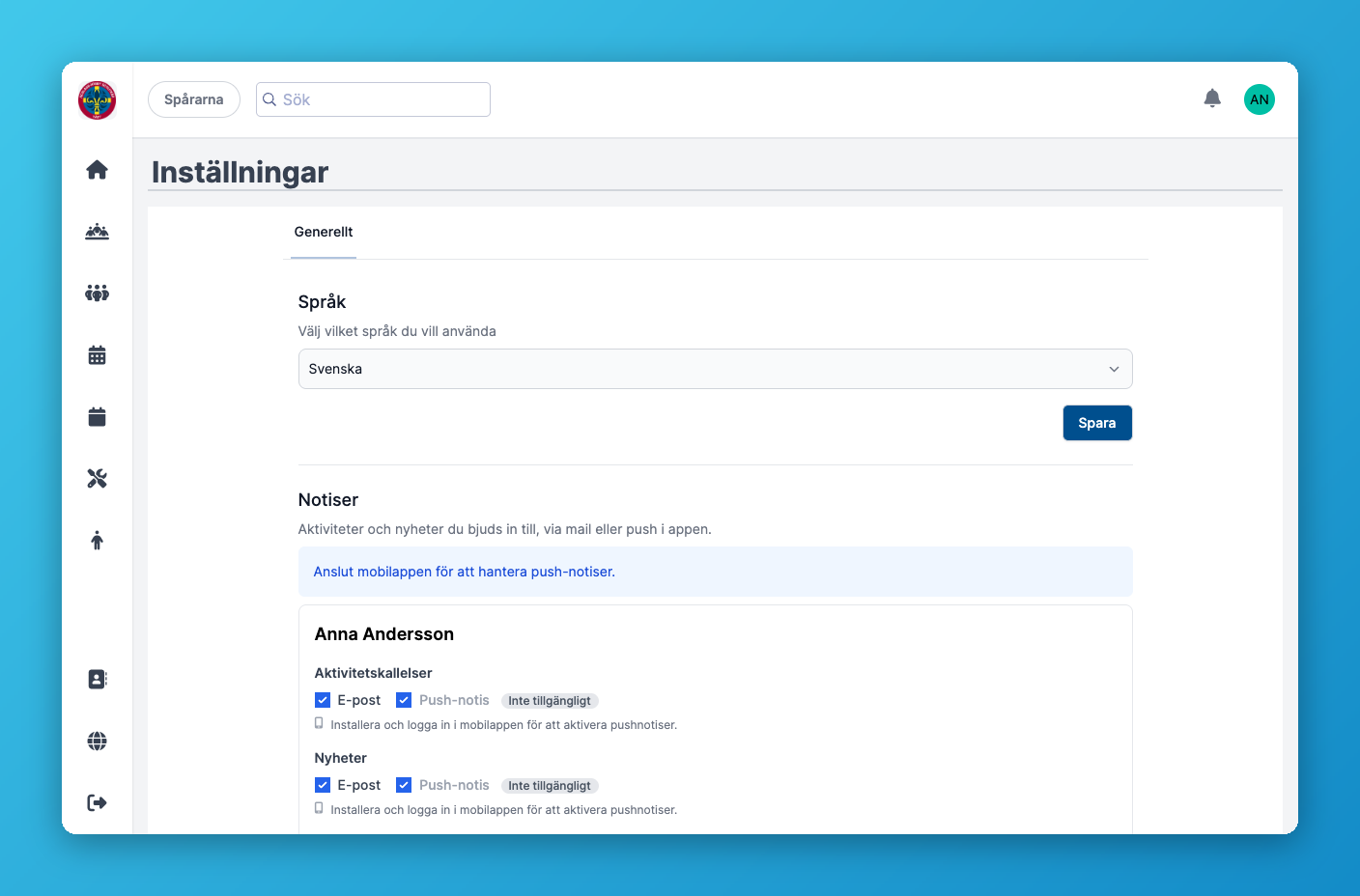Personliga inställningar med val av språk och notiser