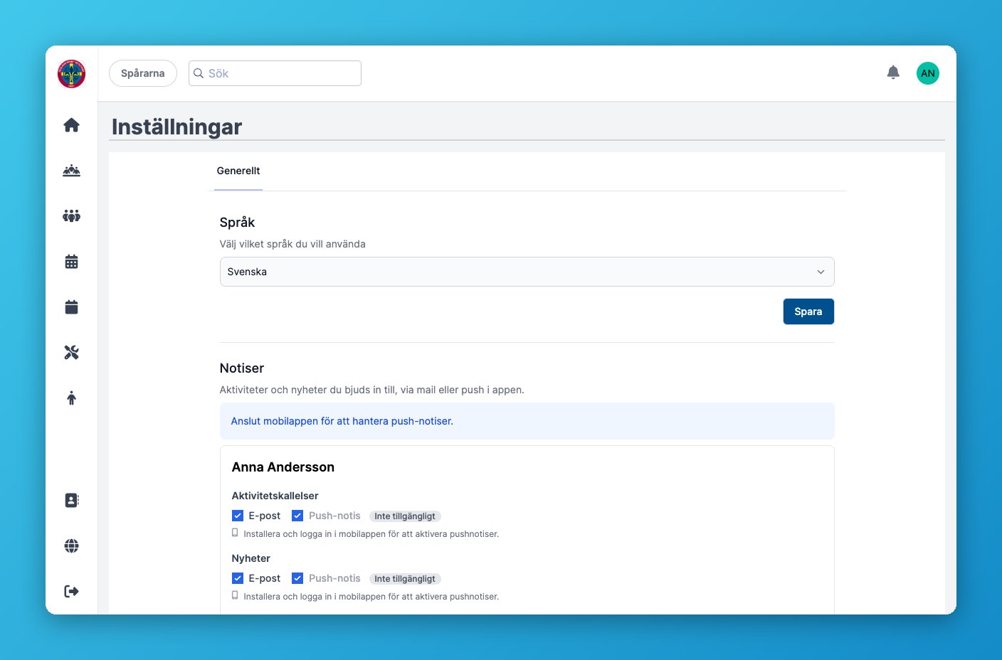 Personliga inställningar med val av språk och notiser