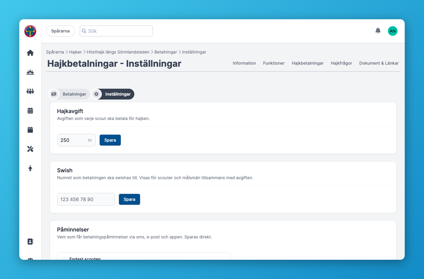 Betalningsinställningar med hajkavgift, Swish-nummer och påminnelser