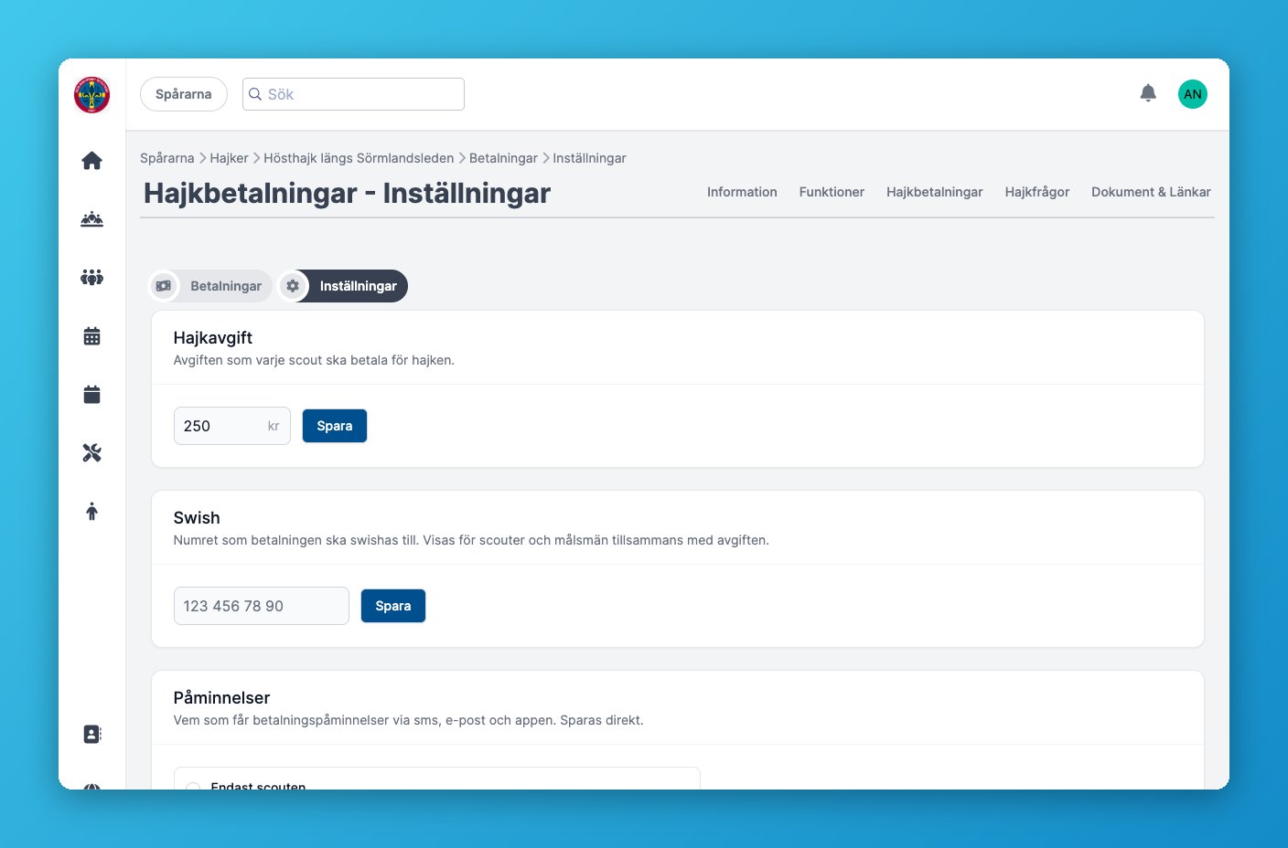 Betalningsinställningar med hajkavgift, Swish-nummer och påminnelser