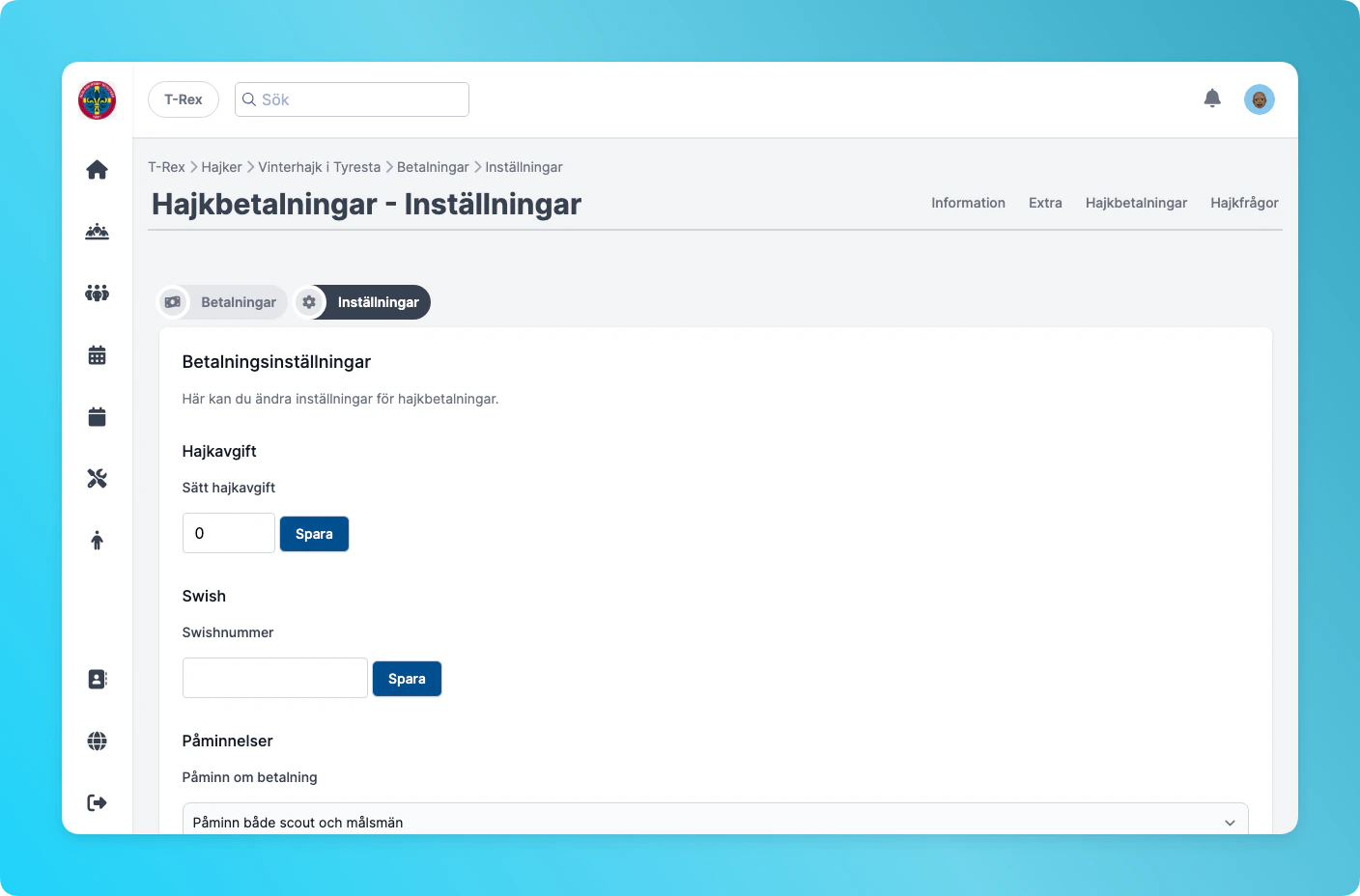 Betalningsinställningar med hajkavgift, Swish-nummer och påminnelser