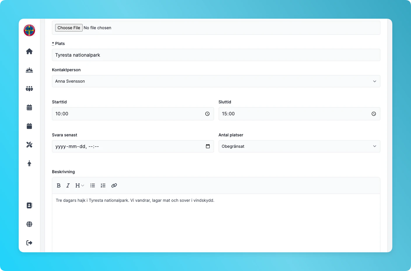 Nedre delen av formuläret med tider, beskrivning och spara-knapp