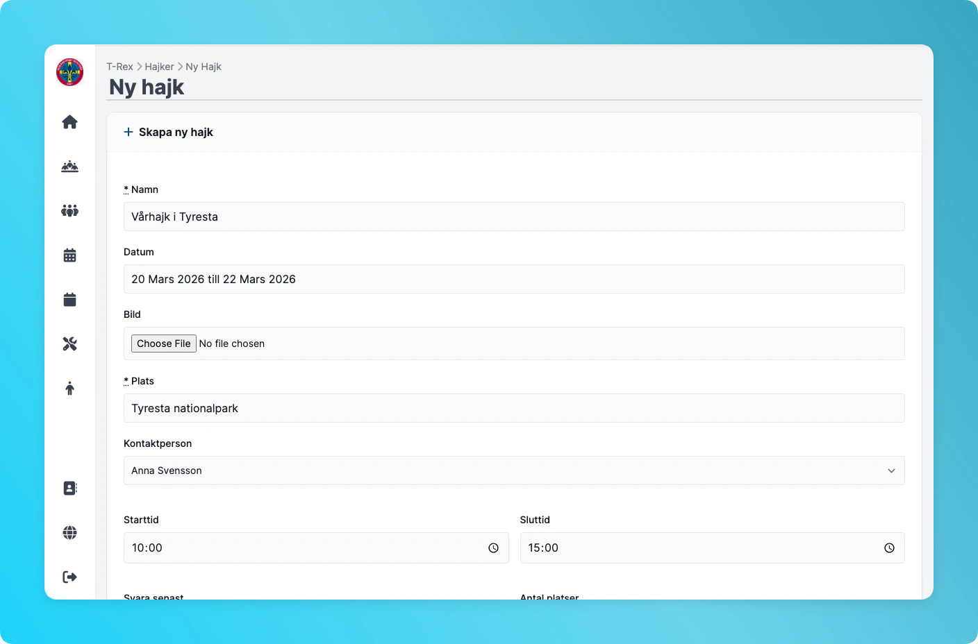 Ifyllt hajkformulär med namn, datum och plats