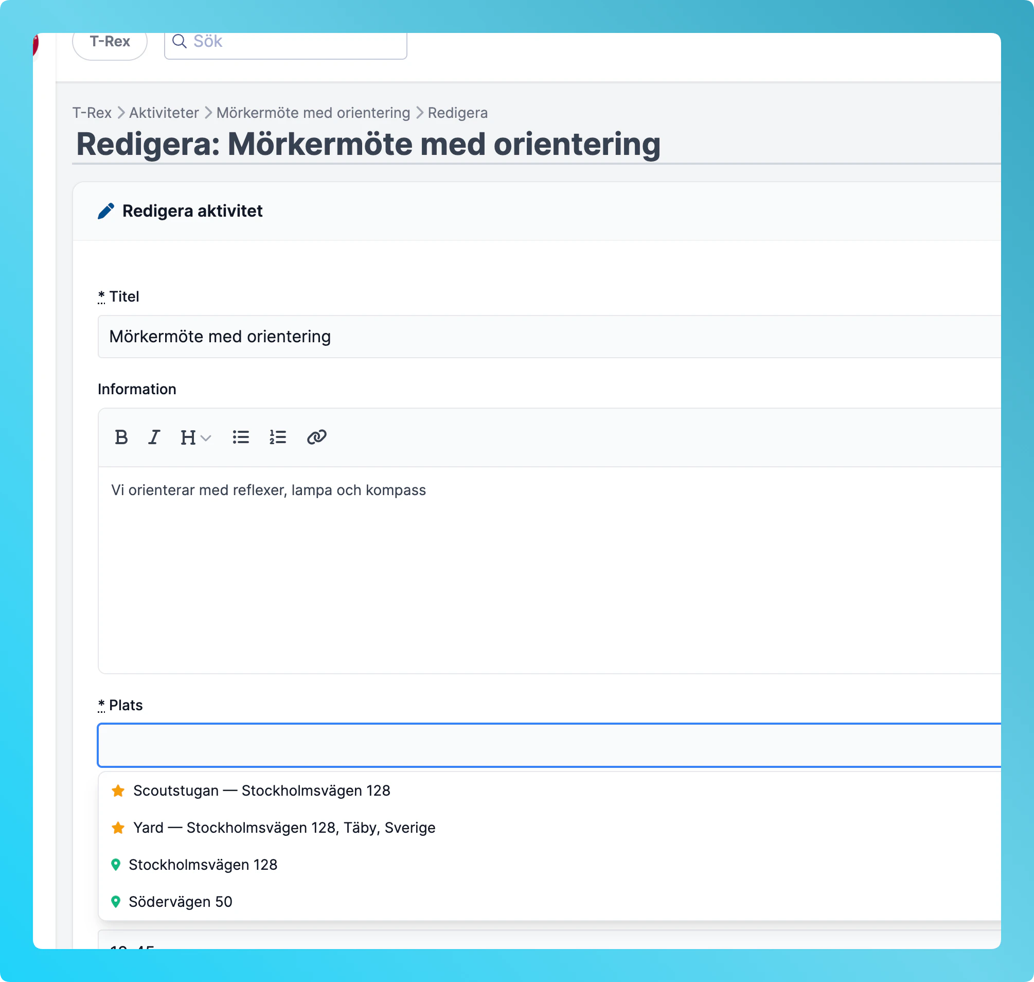 Sparade platser visas när du klickar i platsfältet