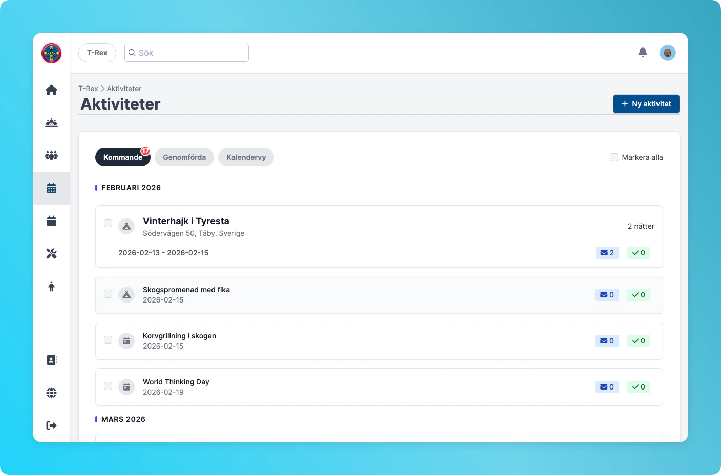 Aktivitetslistan med knappen Ny aktivitet