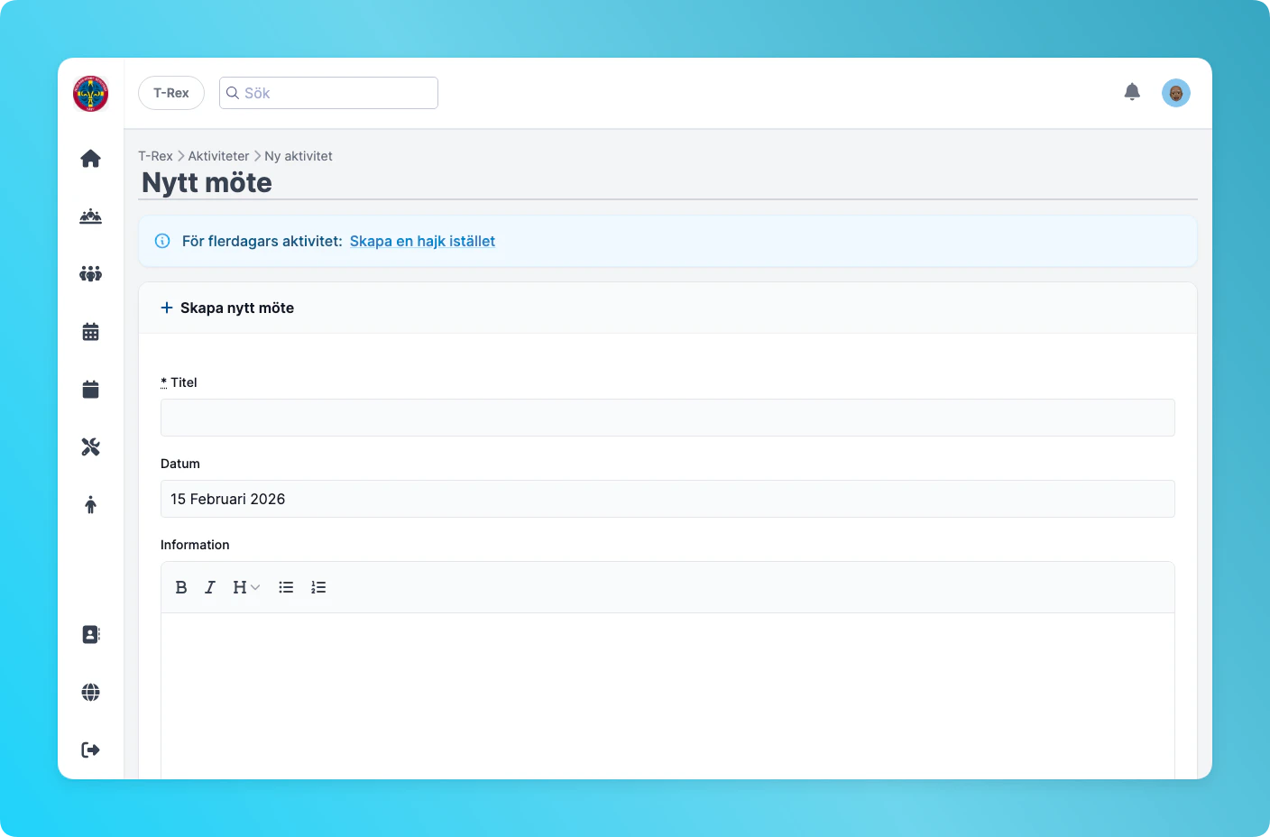 Formuläret för att skapa nytt möte