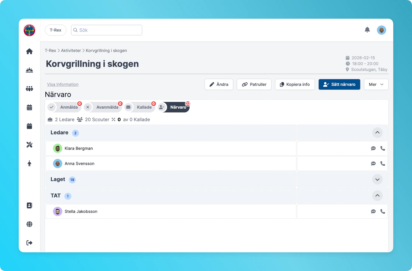 Närvaro-fliken på aktivitetssidan