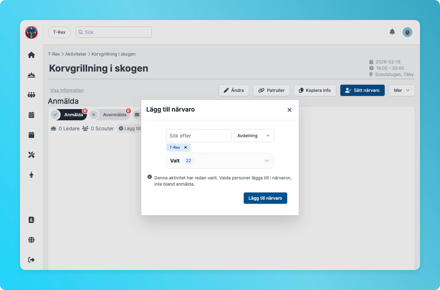 Lägg till närvaro med avdelning vald