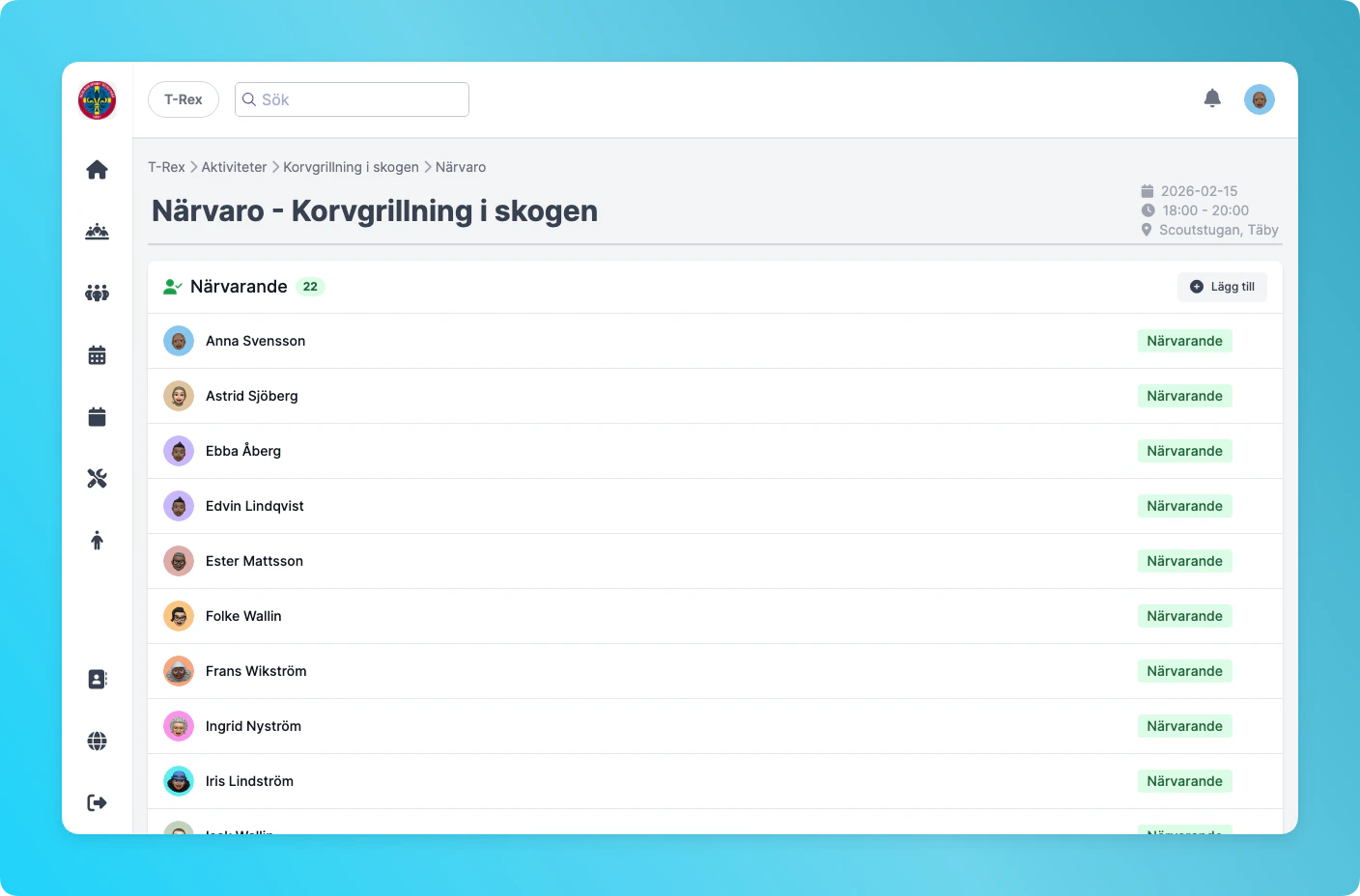 Närvarolistan med alla markerade som närvarande