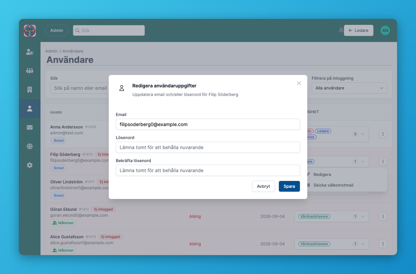 Modal för att redigera en användares e-post och lösenord