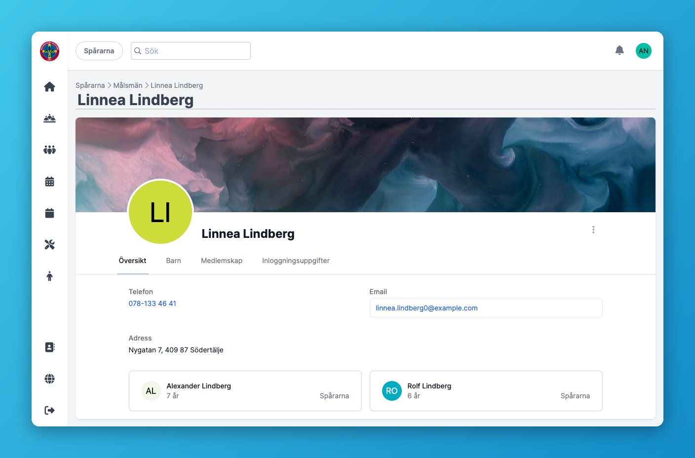 En vårdnadshavares sida med kopplade scouter