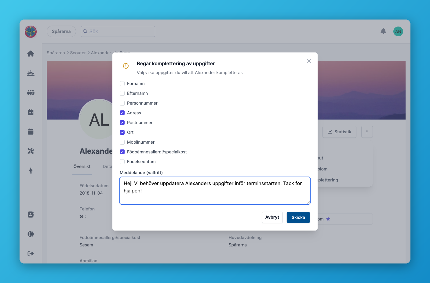 Dialogen Begär komplettering av uppgifter med ifyllda fält och meddelande