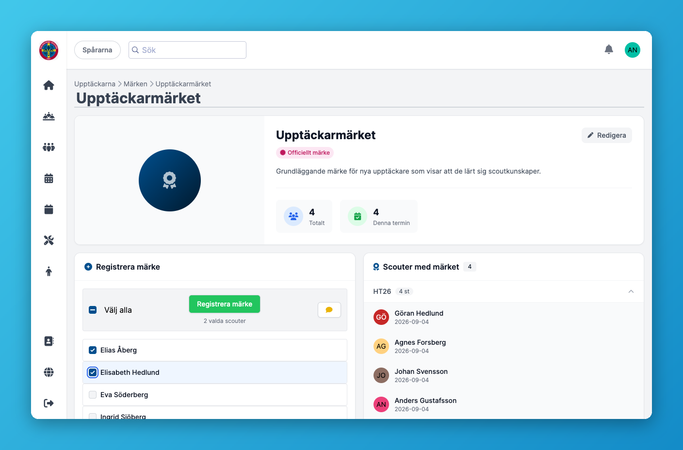 Scouter markerade för att registrera ett märke