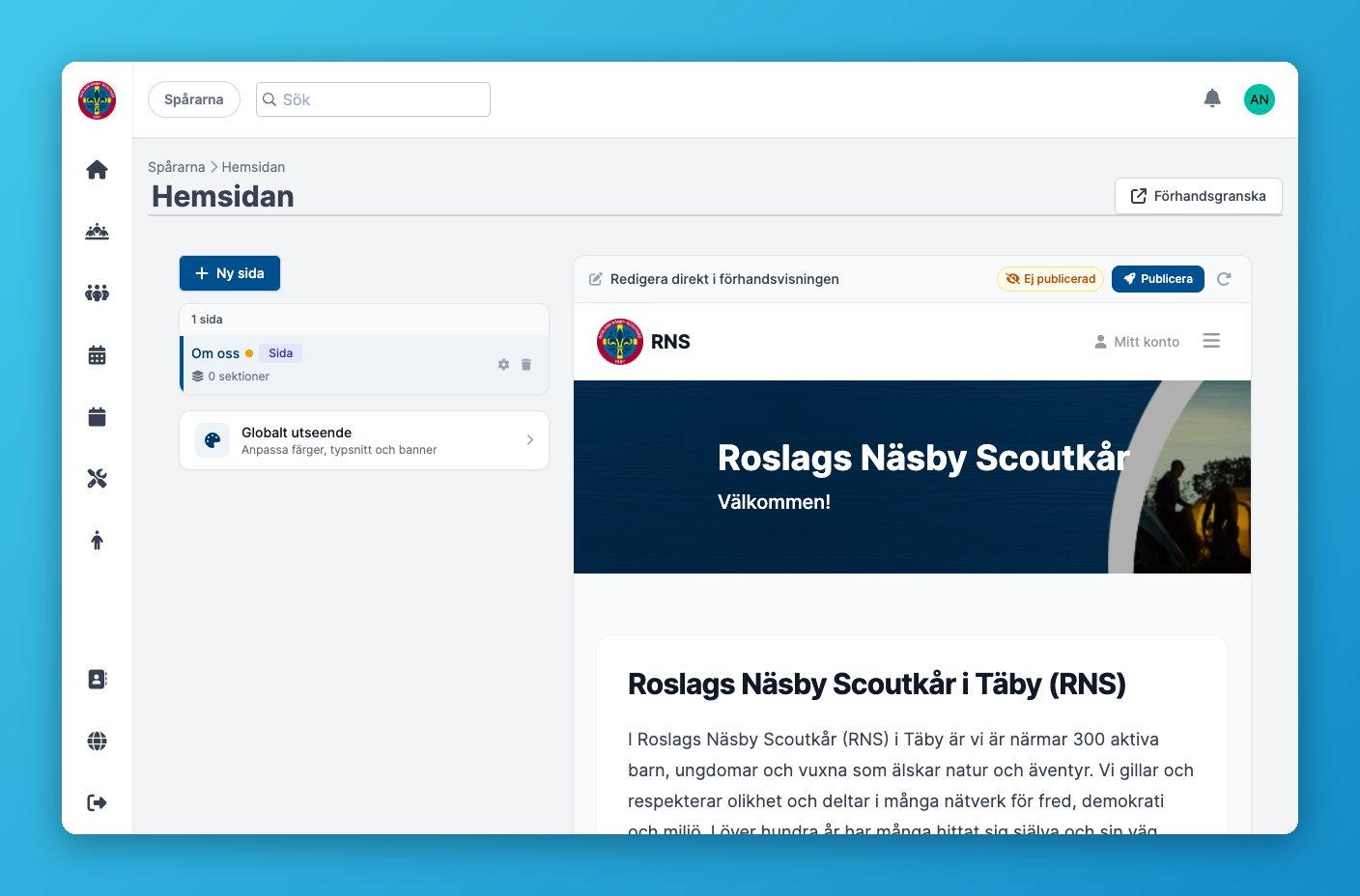 Hemsidan med sidlista och förhandsvisning