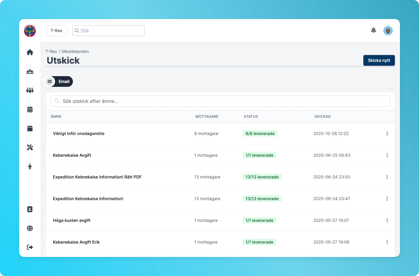 Meddelandelistan med skickade utskick och leveransstatus