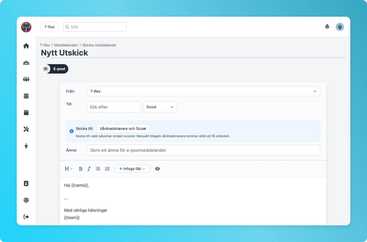 Formulär för att skapa nytt utskick med mottagarväljare och texteditor