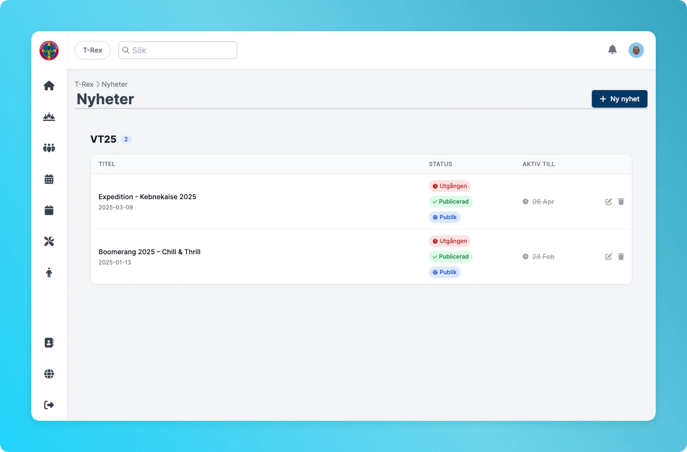 Nyhetslistan med publicerade inlägg, statusmärken och utgångsdatum