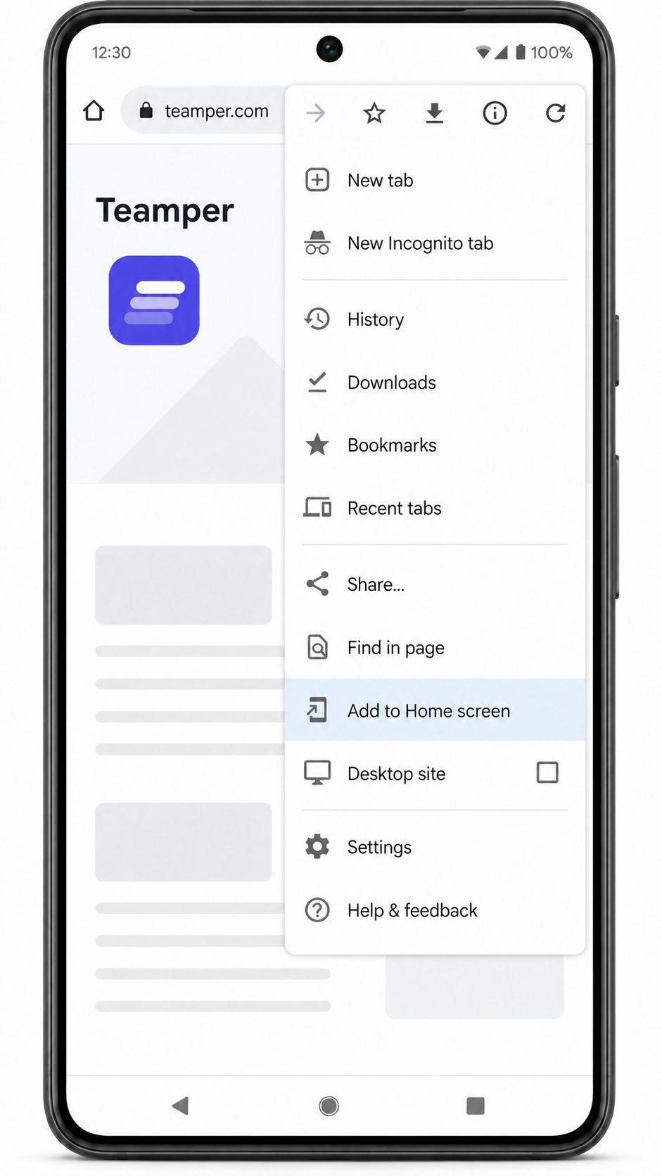 Android Chrome menu with Add to Home screen highlighted
