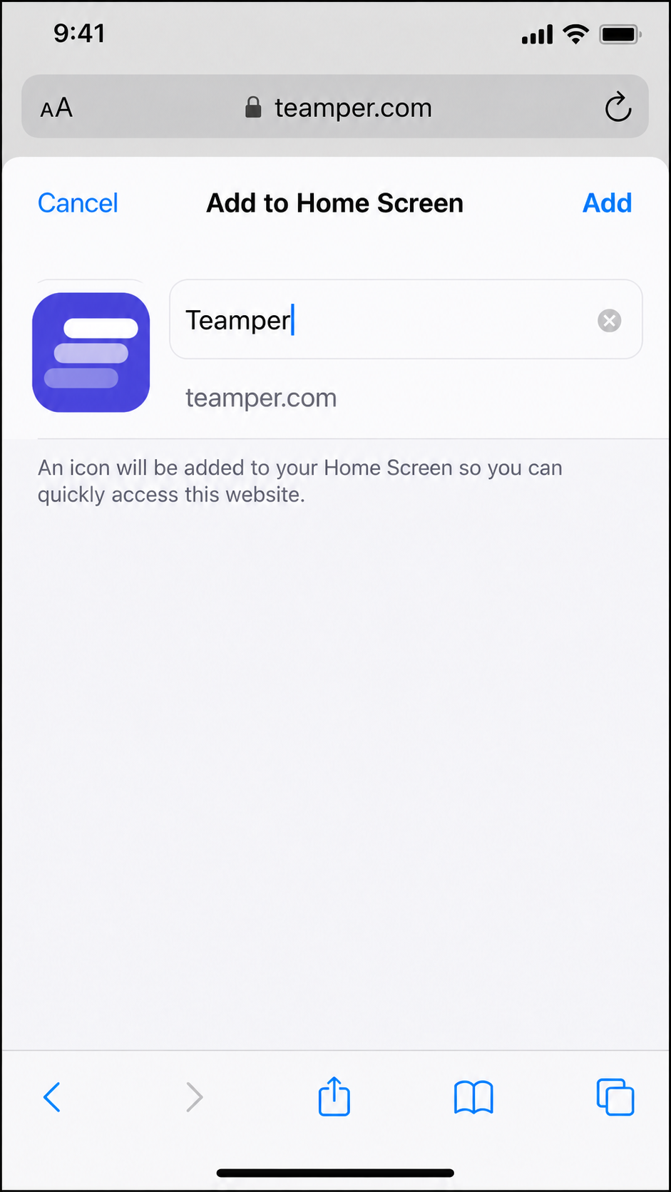 Add to Home Screen confirmation for Teamper