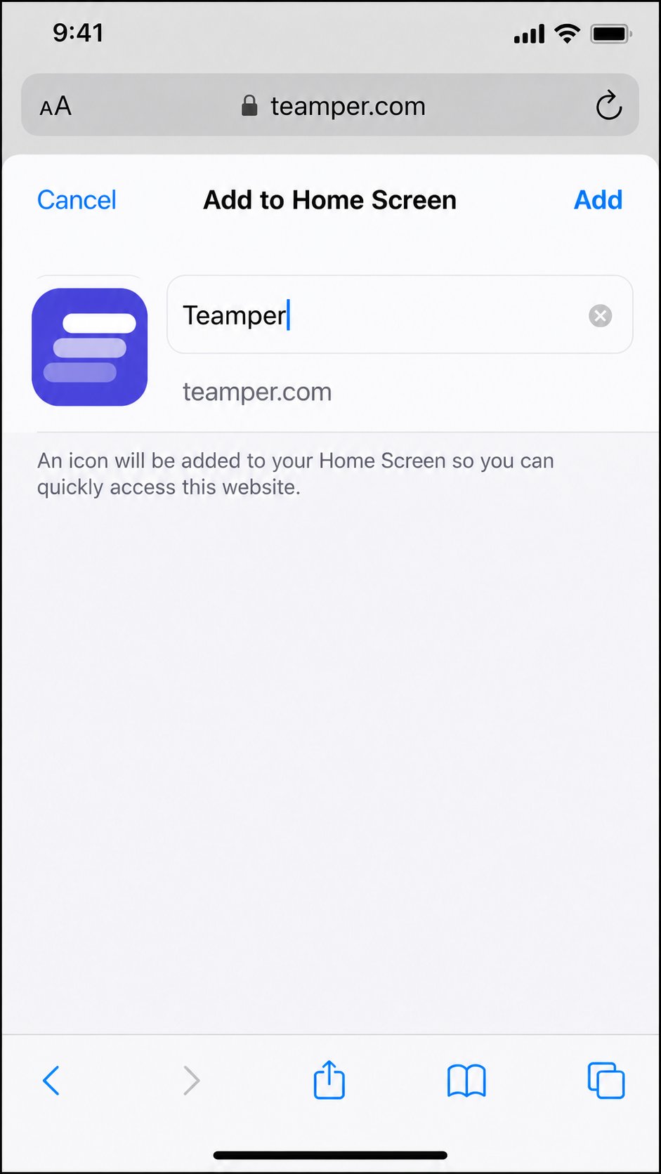 Add to Home Screen confirmation for Teamper