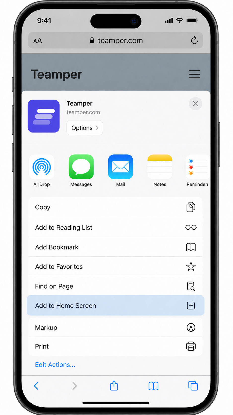 Safari Share menu with Add to Home Screen highlighted