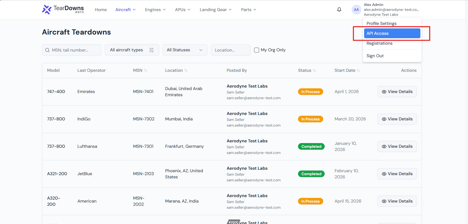 Settings → API Access page with the keys table and a highlighted key row