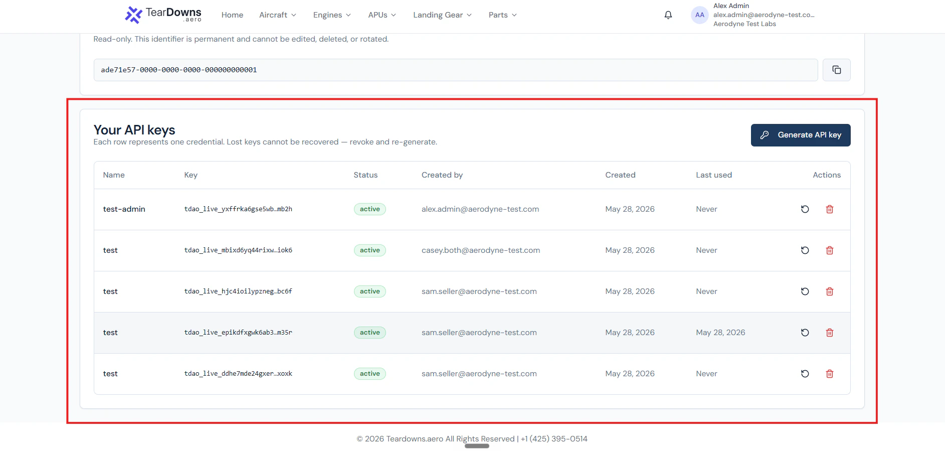 API Access page with multiple keys in the table active and revoked rows side by side