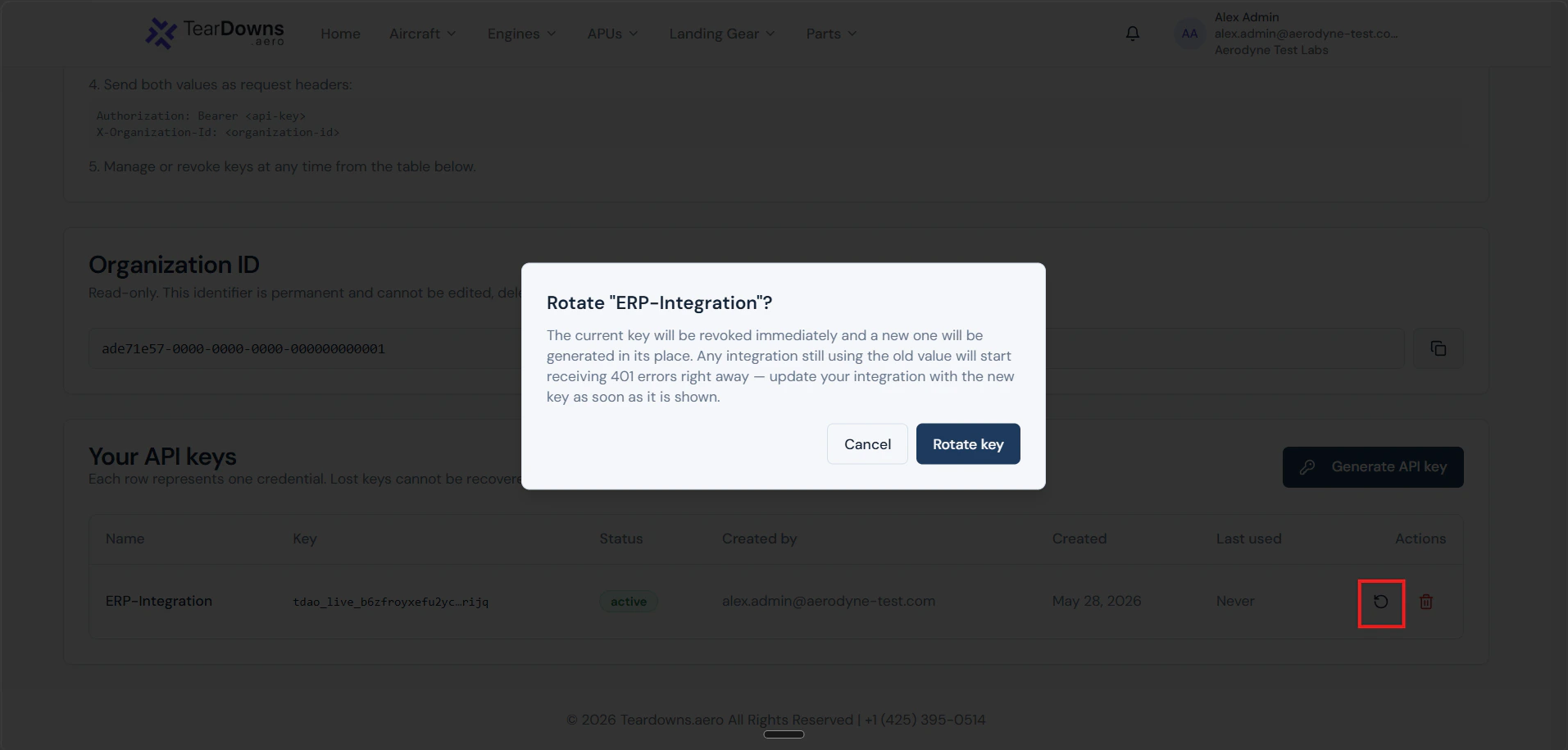 "Rotate this API key?" confirmation dialog