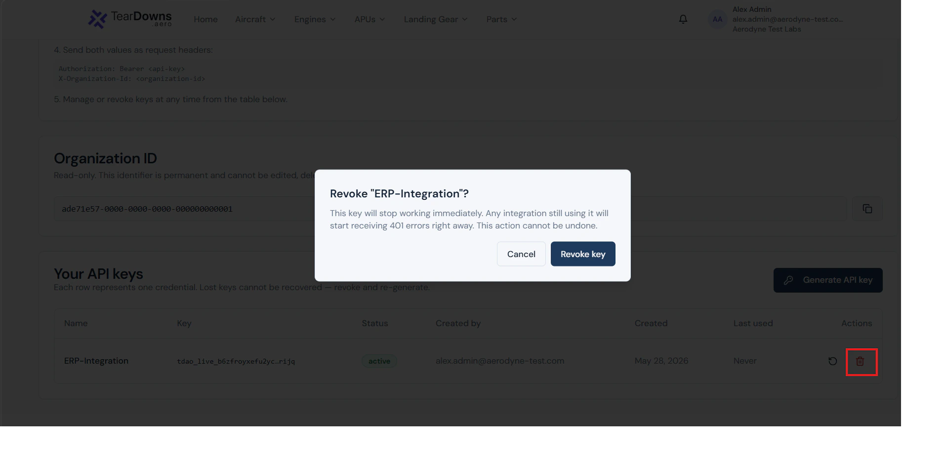 "Revoke this API key?" confirmation dialog
