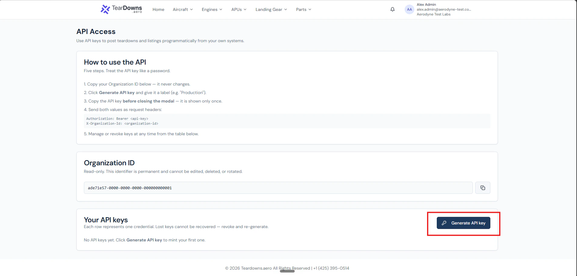 API Access page with the "Generate API key" button highlighted