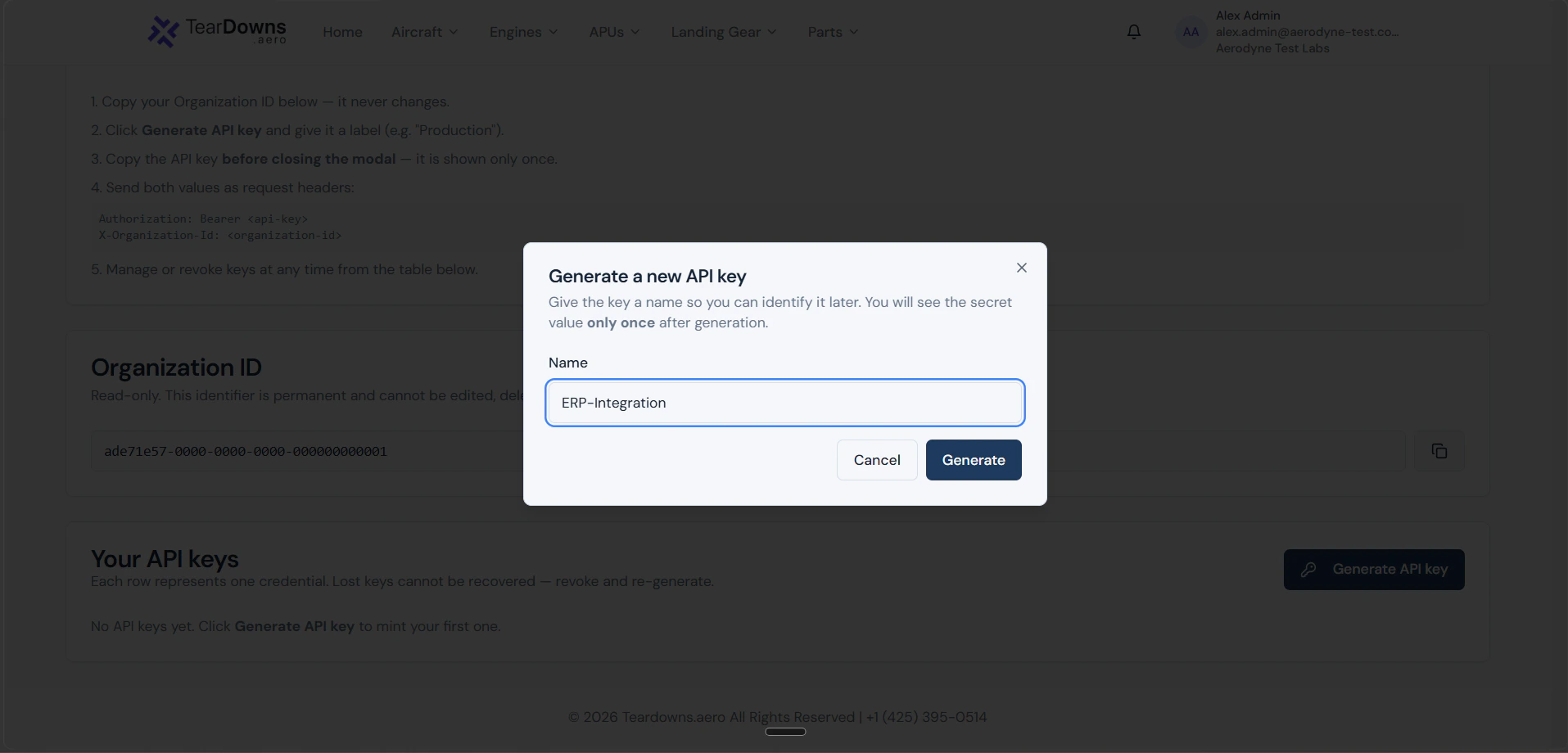 Create API key pop-up with the Name field and Create / Cancel buttons