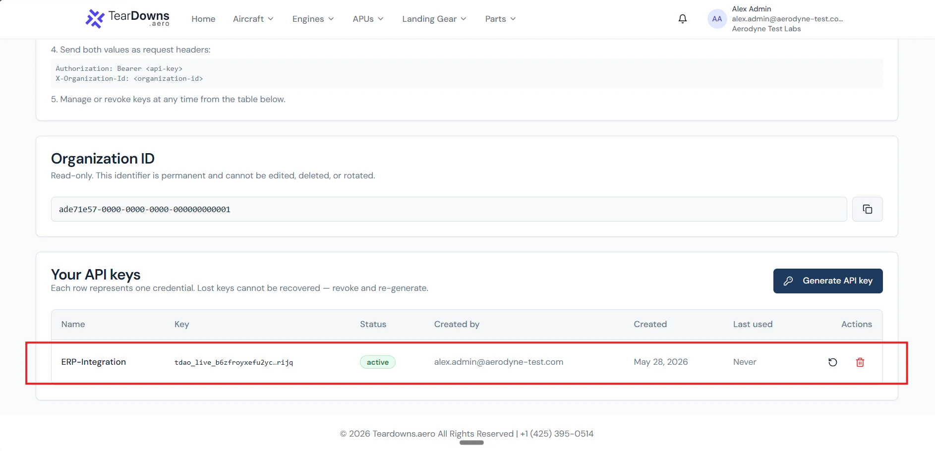 API Access page with a newly created key in the table and a copied-to-clipboard confirmation toast