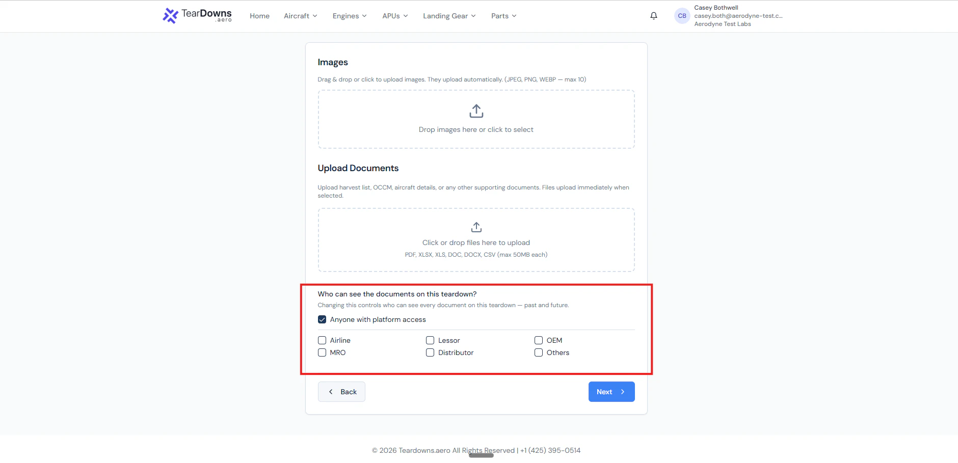 Audience picker UI with checkboxes for Airline, Lessor, OEM, MRO, Distributor, Others