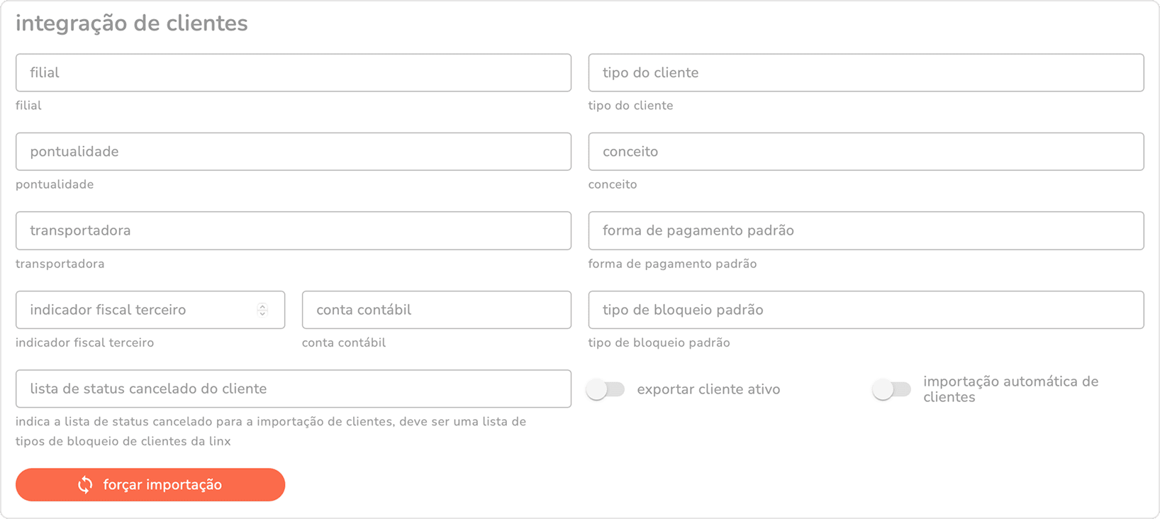 seção integração de clientes do integrador com todos os campos e flags de exportação e importação