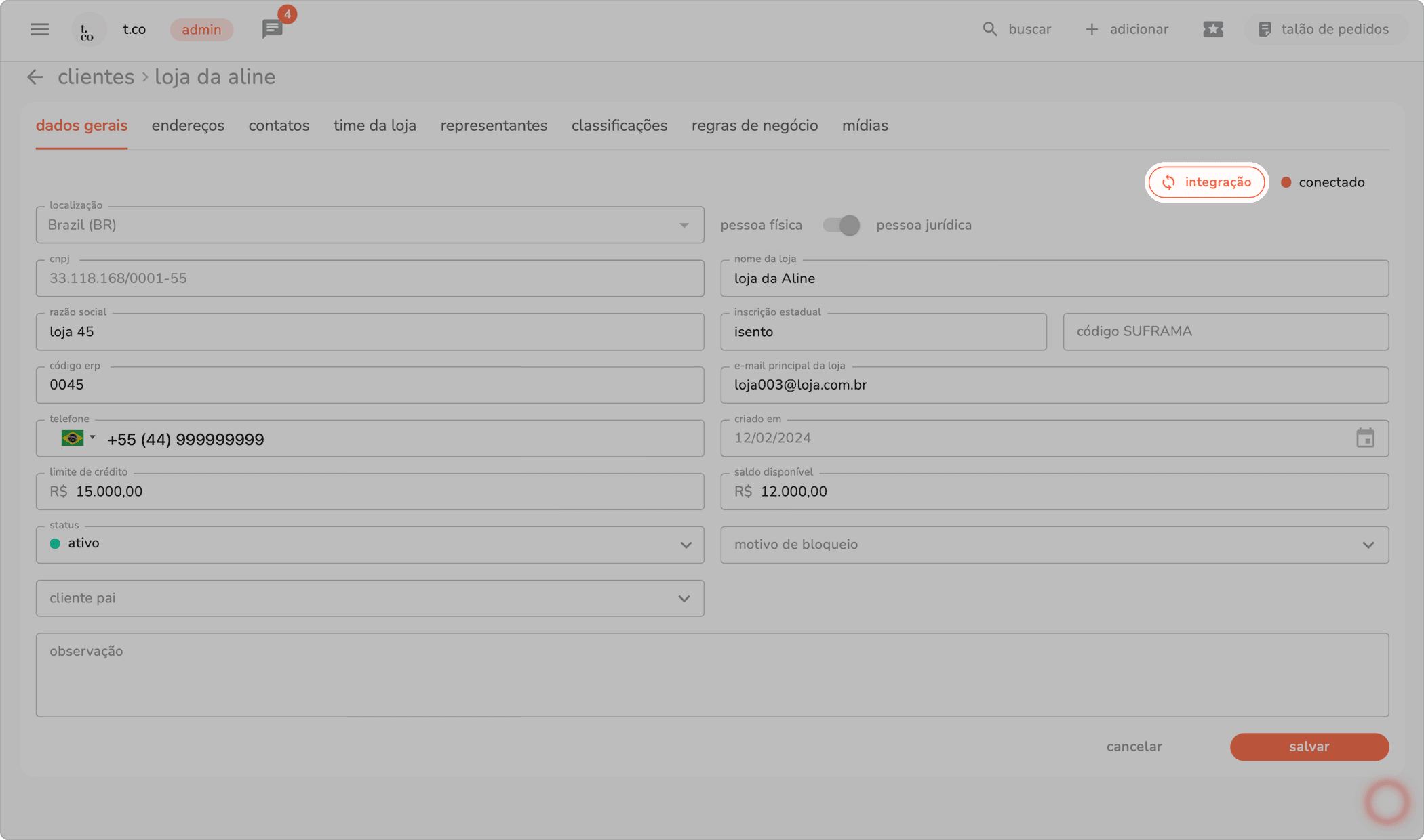 cadastro do cliente na aba dados gerais com o botão integração destacado no topo