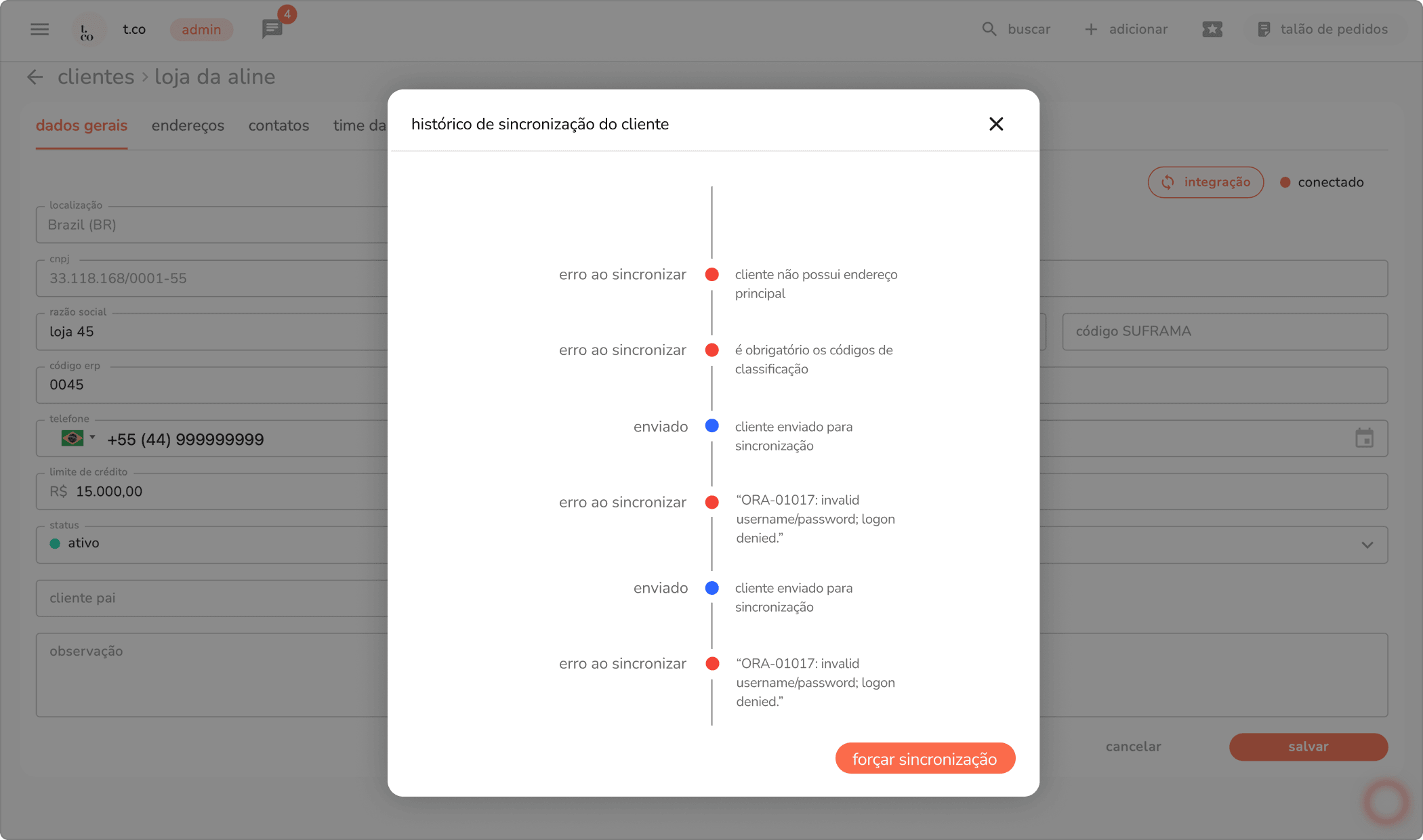 modal de histórico de sincronização do cliente com mensagens de erro ao sincronizar em vermelho