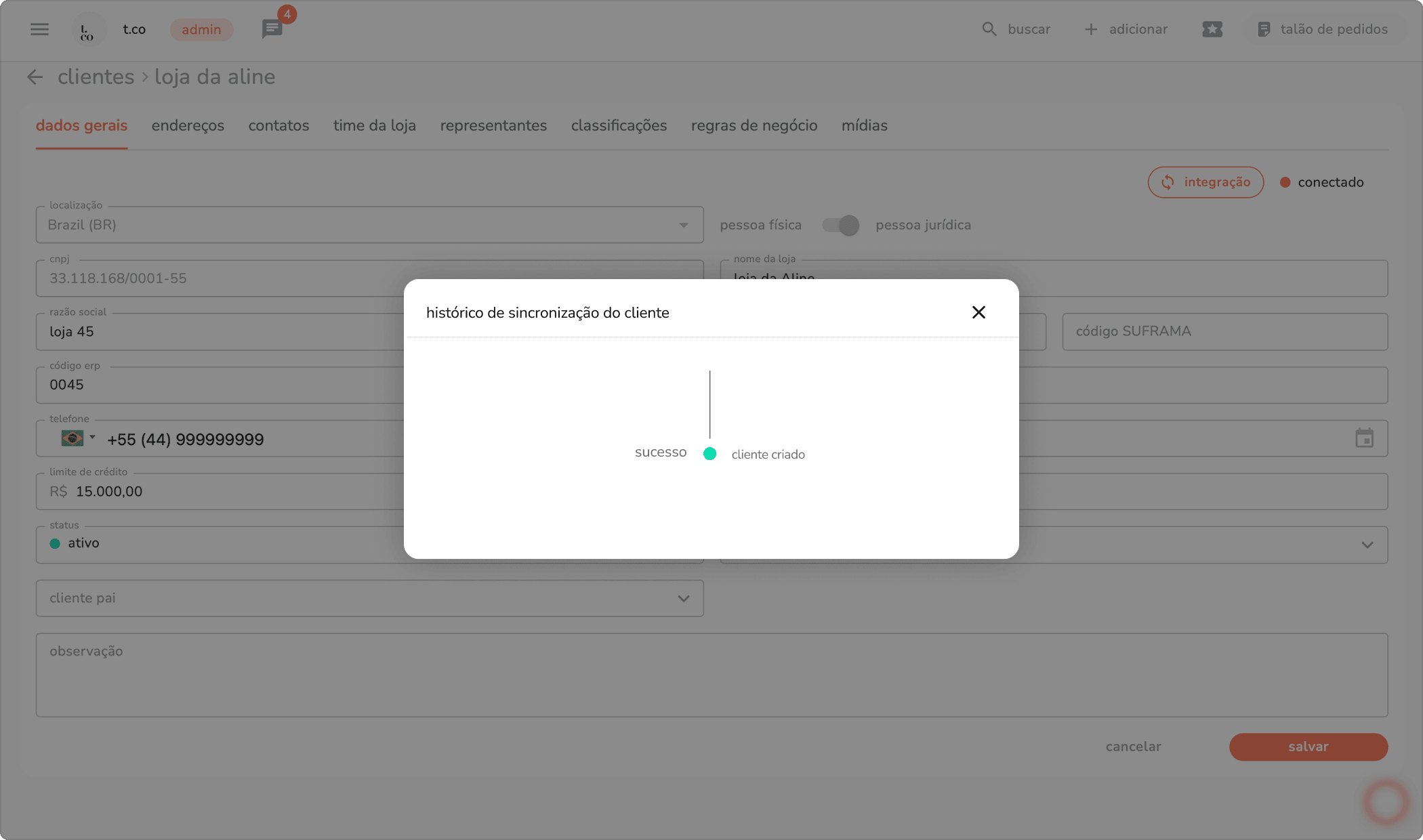 modal de histórico de sincronização do cliente com o status sucesso em verde indicando cliente criado