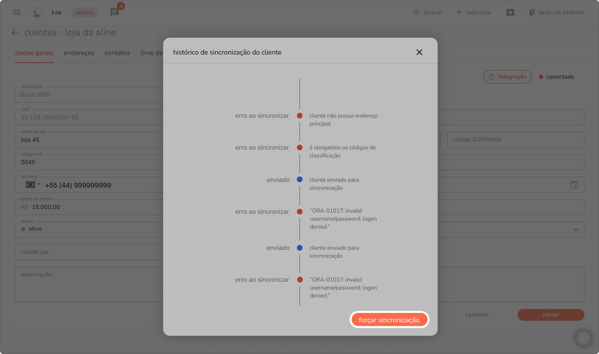 modal de histórico de sincronização do cliente com o botão forçar sincronização destacado