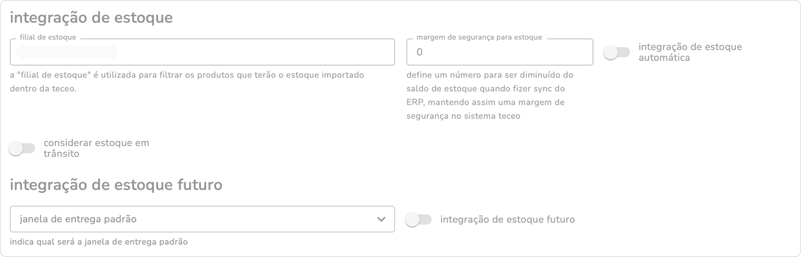 seção integração de estoque do integrador com os campos filial de estoque, margem de segurança, considerar estoque em trânsito e integração de estoque futuro