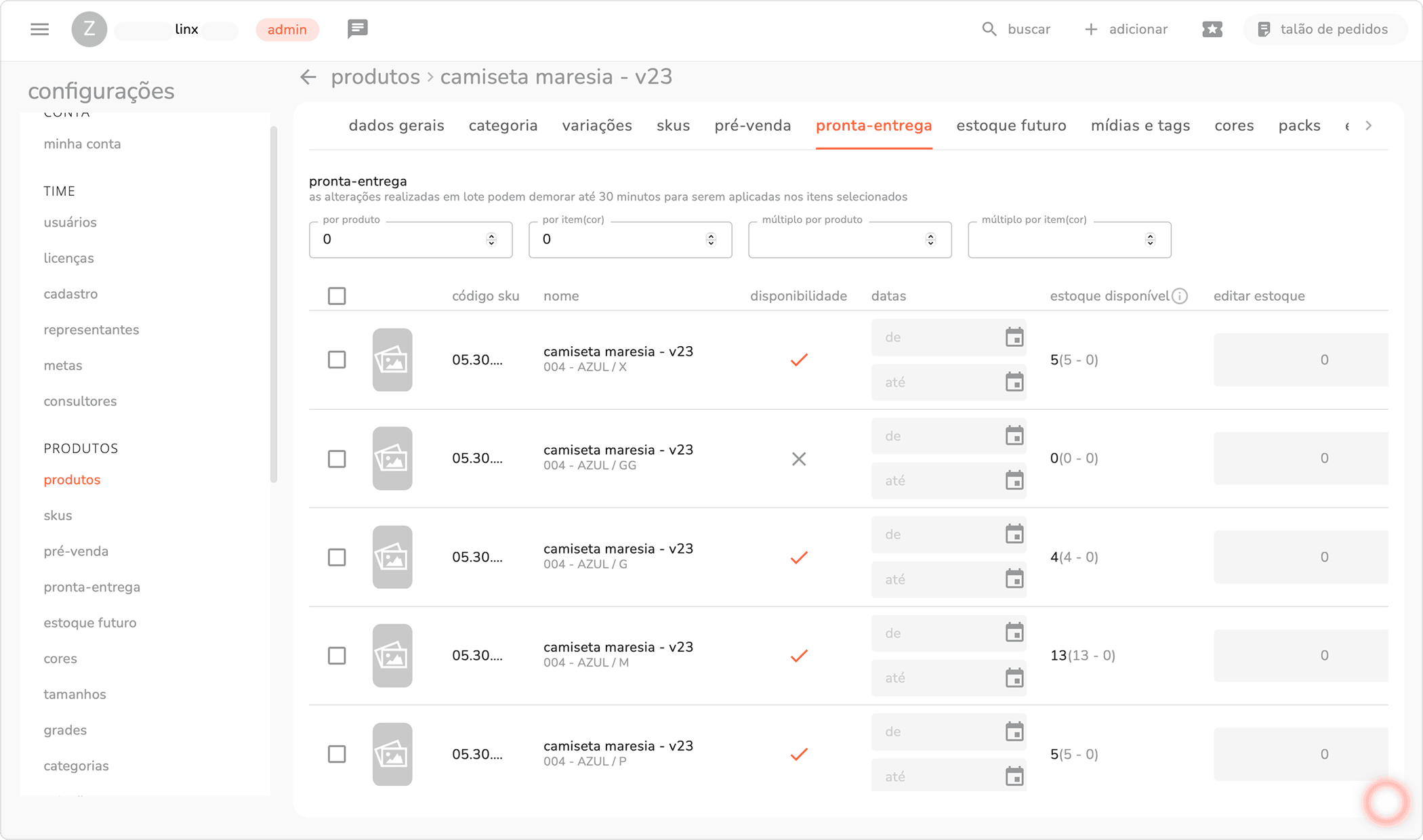 aba pronta-entrega do cadastro do produto com a listagem de skus e seus estoques disponíveis