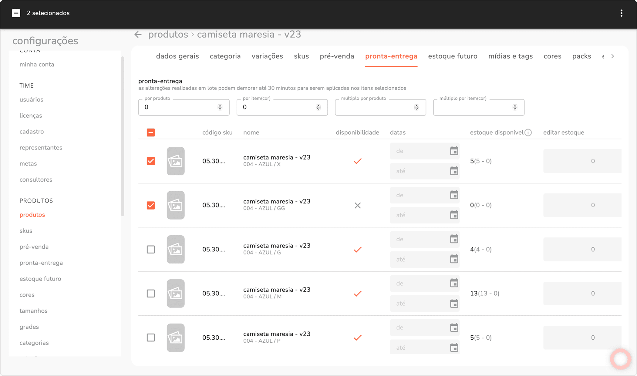 aba pronta-entrega com dois skus selecionados na listagem
