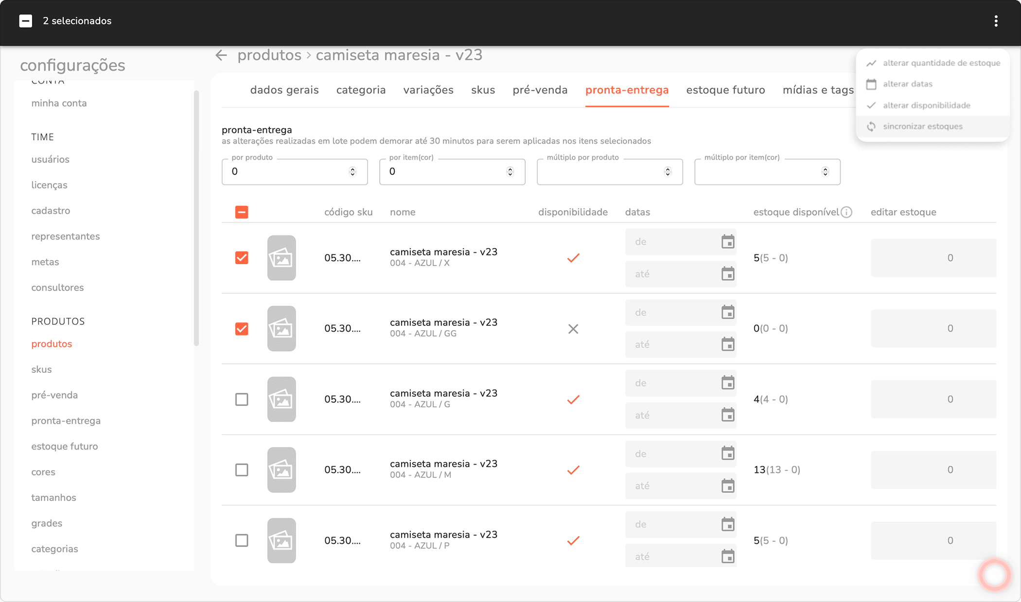 menu de opções da aba pronta-entrega com a opção sincronizar estoques destacada