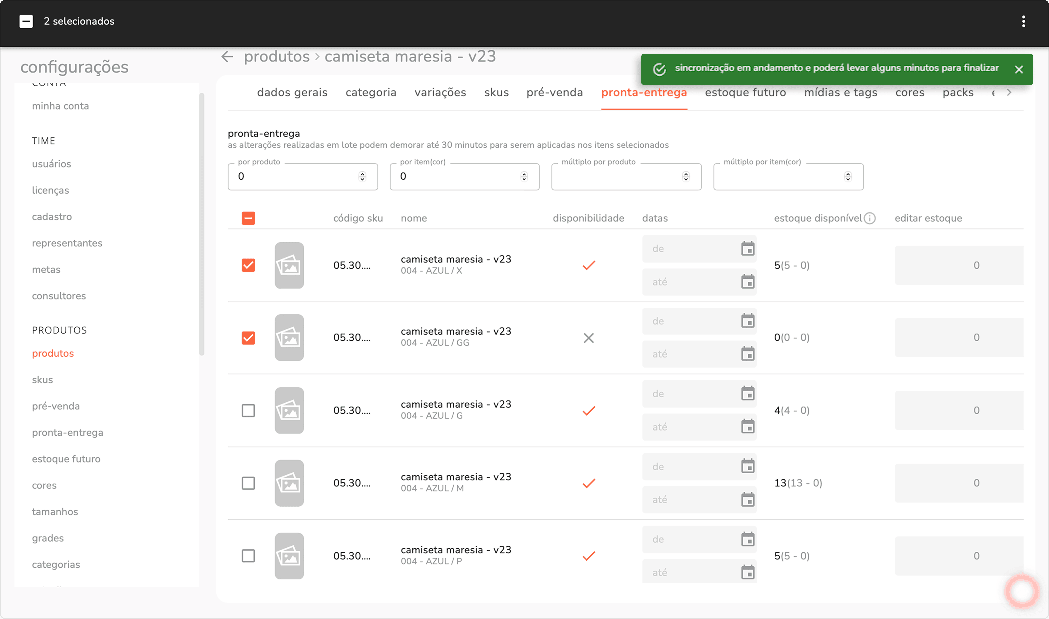 aba pronta-entrega com a notificação de sincronização em andamento