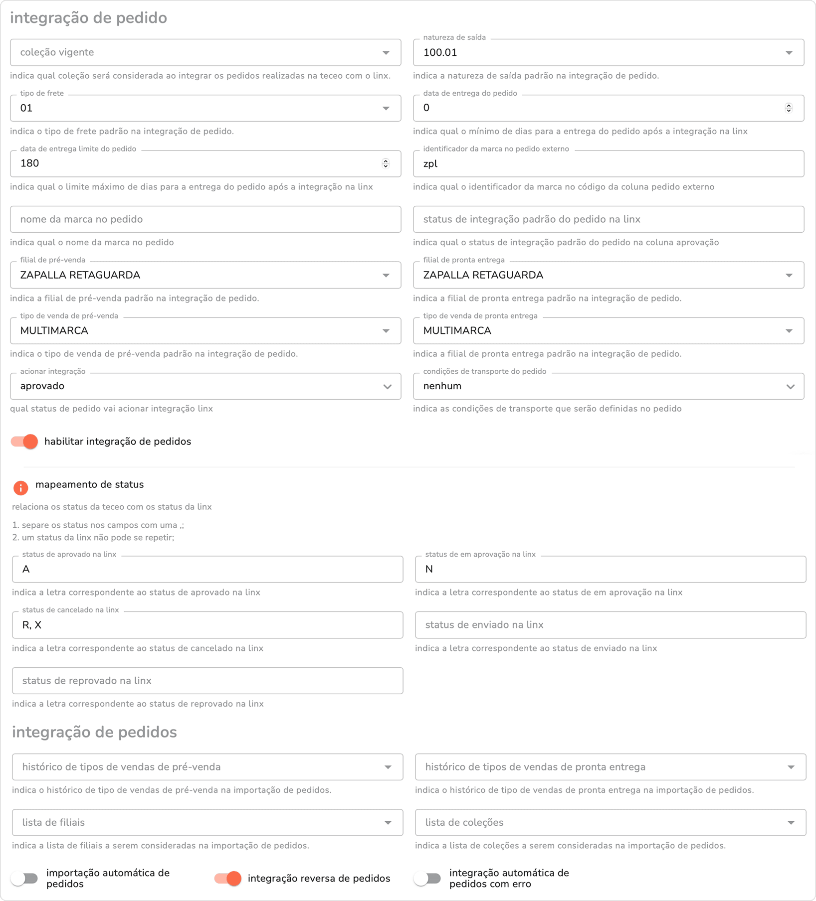 seção integração de pedido do integrador com os campos de configuração, o bloco de mapeamento de status e os campos e flags de importação de pedidos